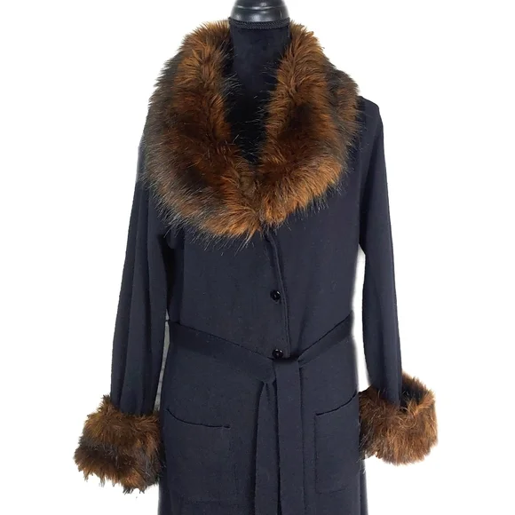 Nancy Bolen Womens Belted Black Wool Mix Faux Fur Collar Cuffs Coat Sz M EUC - Picture 4 of 9
